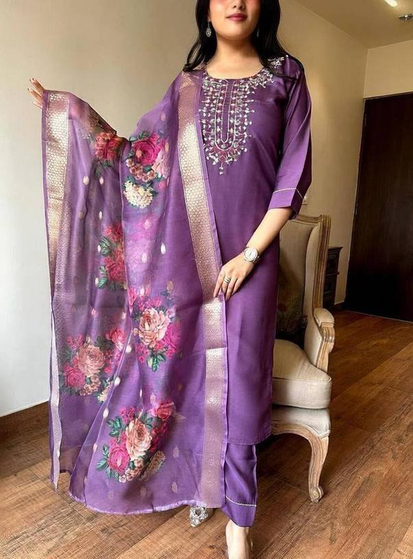 Om Enterprise Women Chanderi Kurta Pant Dupatta Set