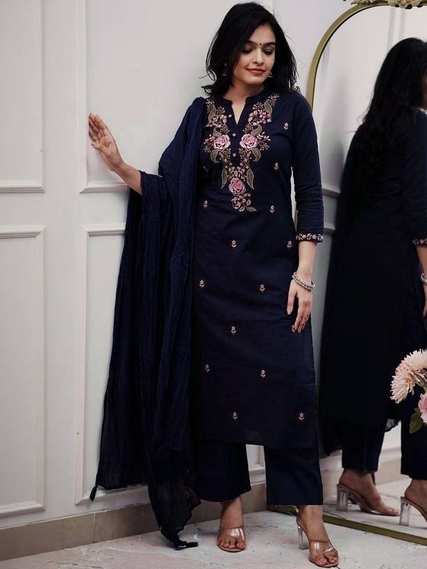 Om Enterprise Women Cotton Blend Kurta Pant Dupatta Set