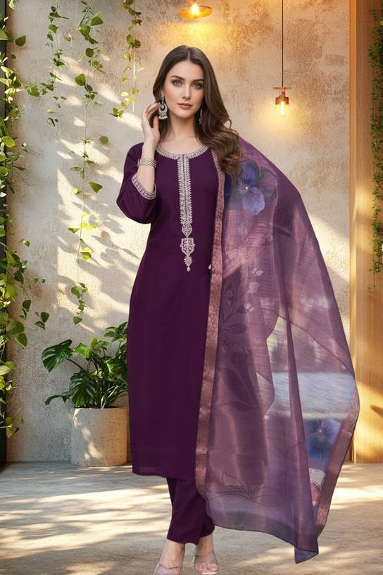 Om Enterprise Women Chanderi Kurta Pant Dupatta Set