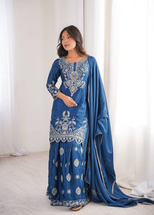 Om Enterprise Women Chiffon Kurta Palazzo Dupatta Set
