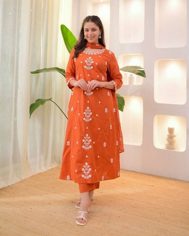 Om Enterprise Women Cotton Rayon Kurta Pant Dupatta Set
