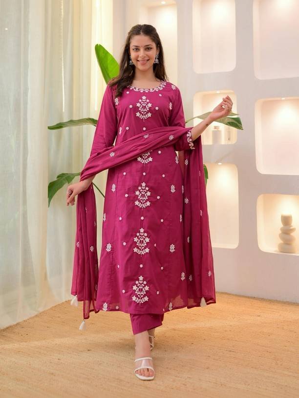 Om Enterprise Women Cotton Rayon Kurta Pant Dupatta Set