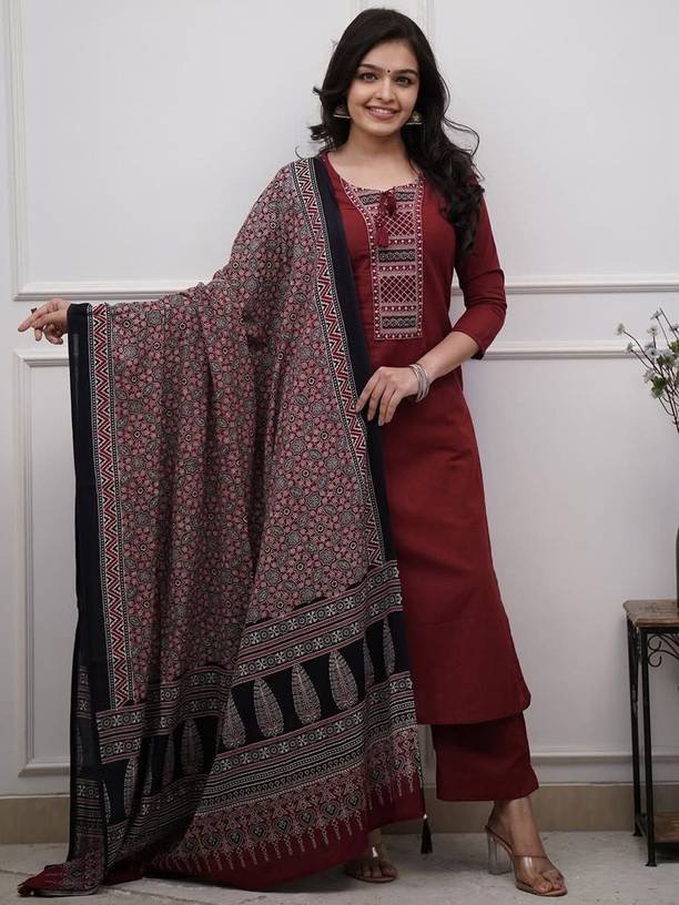 Om Enterprise Women Cotton Rayon Kurta Pant Dupatta Set