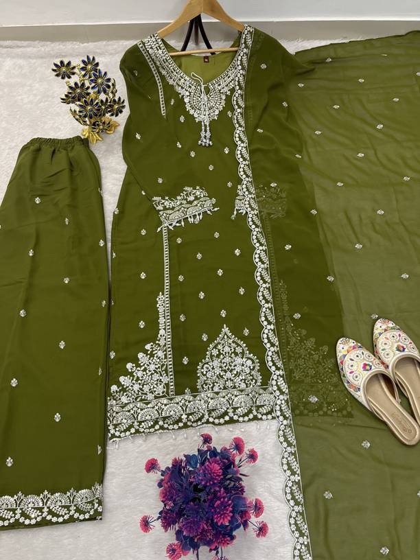 Om Enterprise Women Georgette Kurta Palazzo Dupatta Set