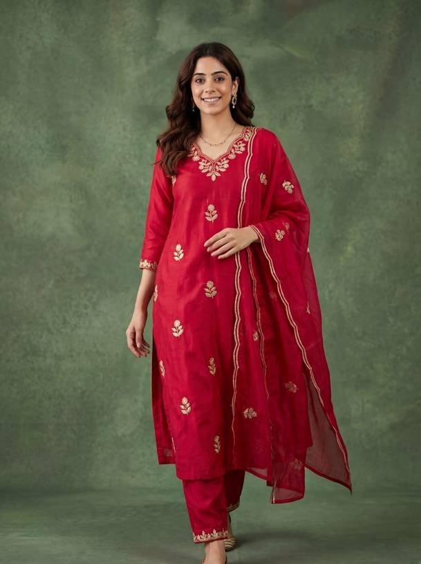 Om Enterprise Women Cotton Blend Kurta Pant Dupatta Set
