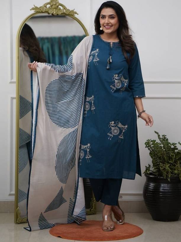 Om Enterprise Women Cotton Rayon Kurta Pant Dupatta Set