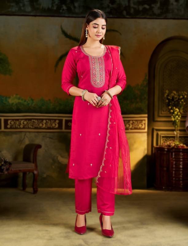 Om Enterprise Women Silk Blend Kurta Pant Dupatta Set