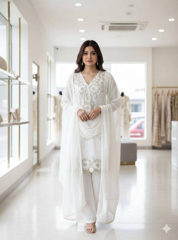 Om Enterprise Women Georgette Kurta Palazzo Dupatta Set