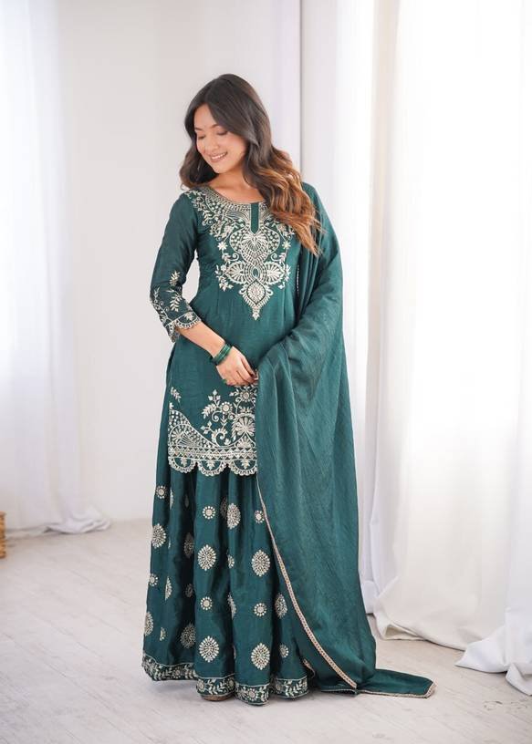 Om Enterprise Women Chiffon Kurta Sharara Dupatta Set