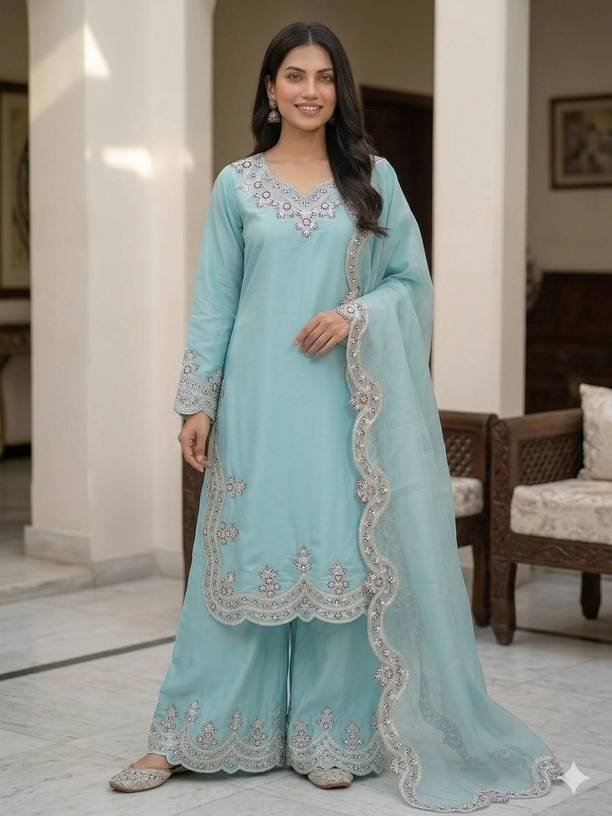 Om Enterprise Women Crepe Kurta Palazzo Dupatta Set