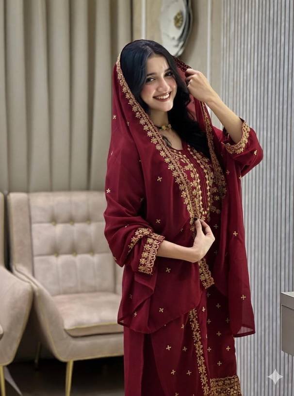 Om Enterprise Women Georgette Kurta Palazzo Dupatta Set