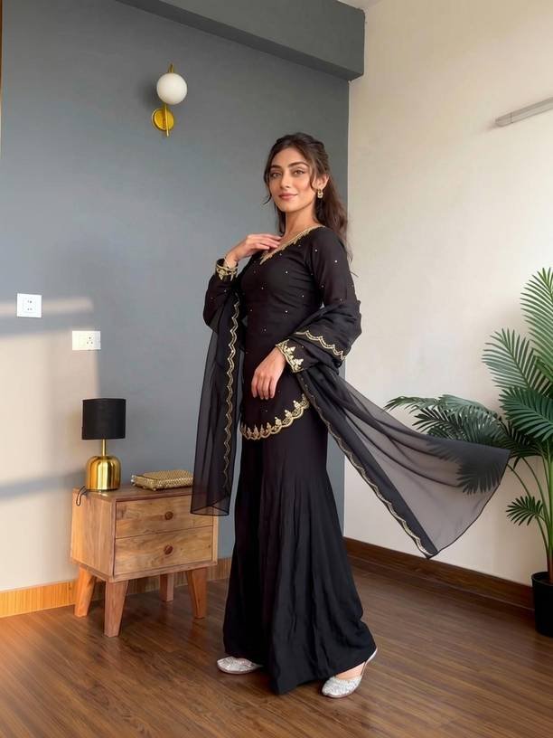 Om Enterprise Women Crepe Kurta Sharara Dupatta Set