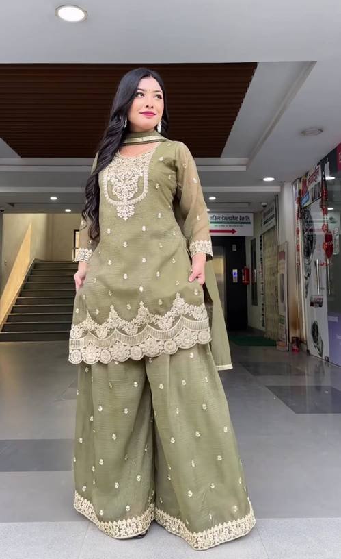 Om Enterprise Women Silk Blend Kurta Sharara Dupatta Set