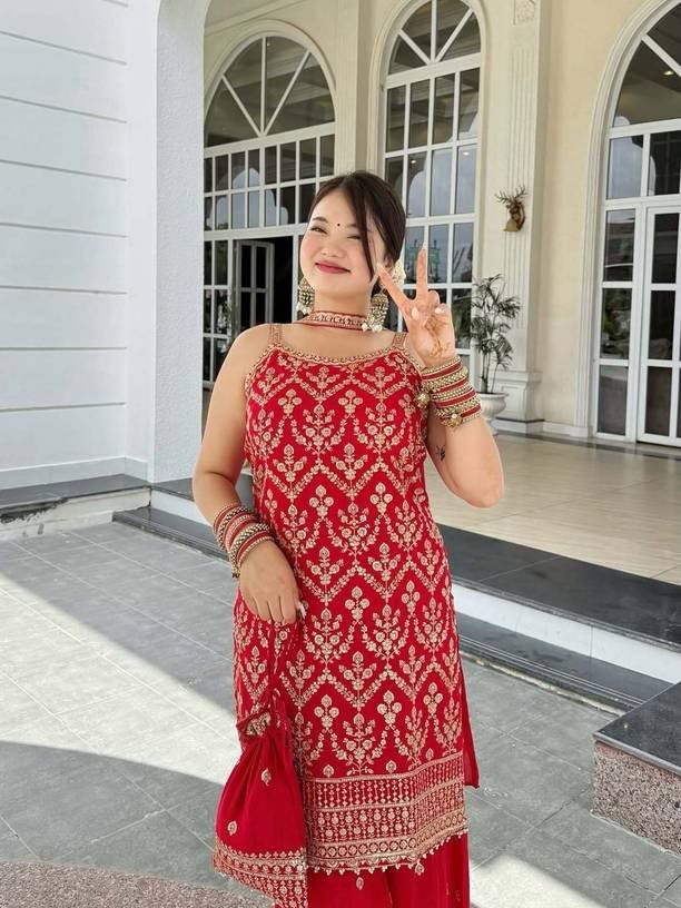 Om Enterprise Women Georgette Kurti Palazzo Dupatta Set