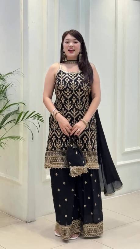 Om Enterprise Women Georgette Kurti Palazzo Dupatta Set