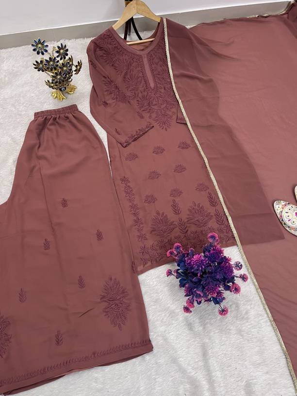 Om Enterprise Women Georgette Kurta Palazzo Dupatta Set