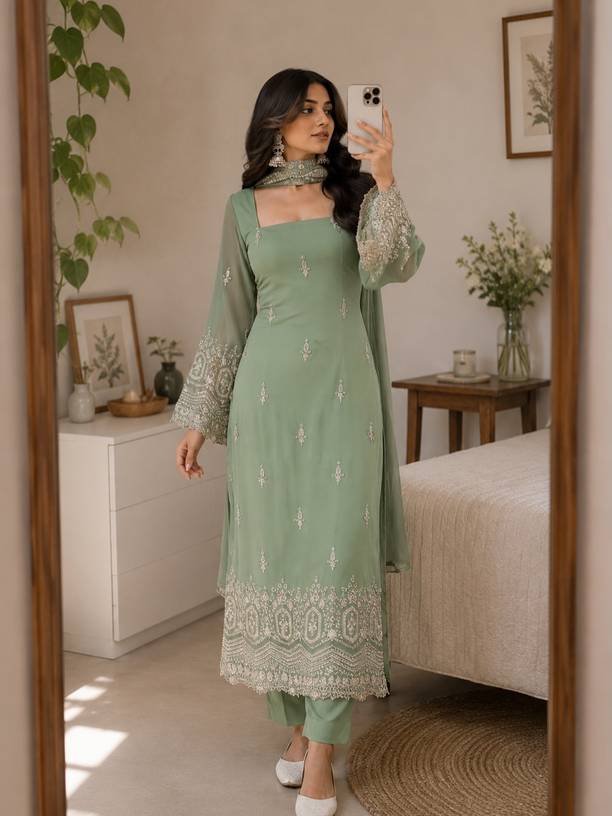 Om Enterprise Women Georgette Kurta Pant Dupatta Set