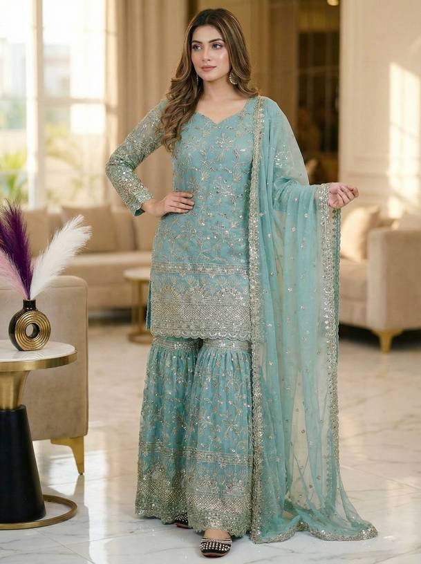 Om Enterprise Women Silk Blend Kurta Sharara Dupatta Set