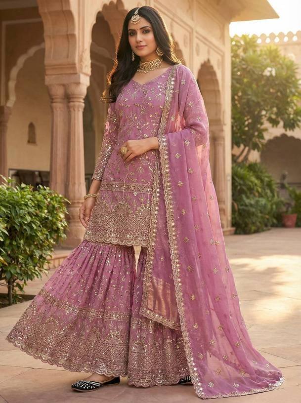 Om Enterprise Women Silk Blend Kurta Sharara Dupatta Set