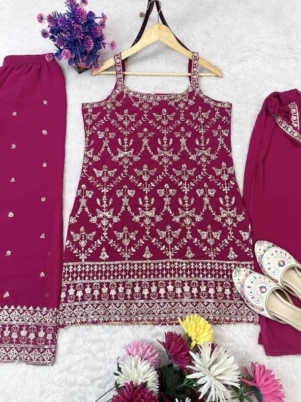 Om Enterprise Women Georgette Kurti Palazzo Dupatta Set
