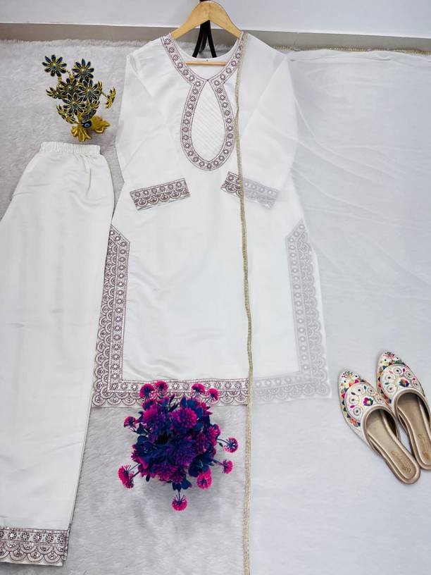Om Enterprise Women Pure Silk Kurta Pant Dupatta Set