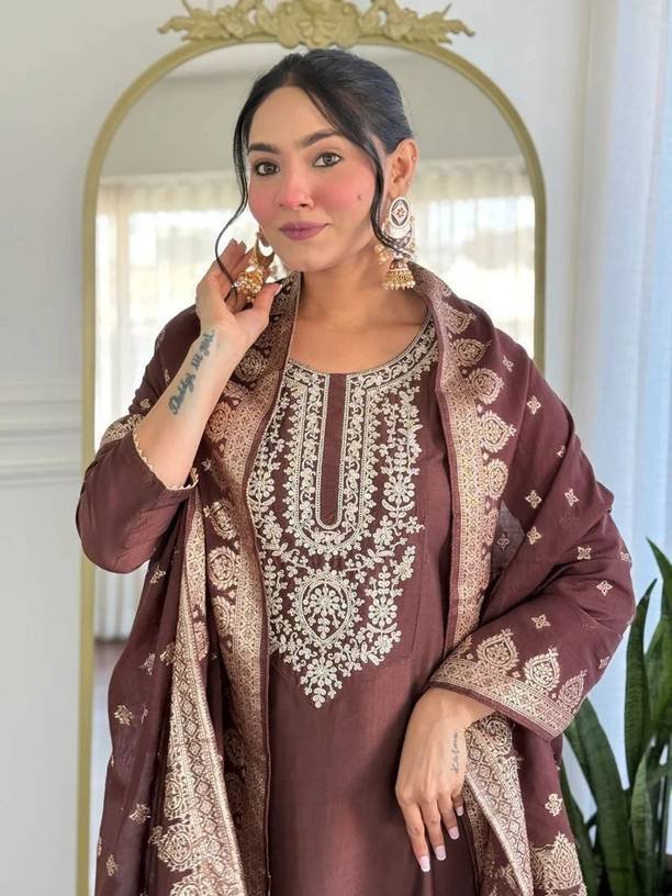 Om Enterprise Embroidered Kurta, Trouser/Pant & Dupatta Set