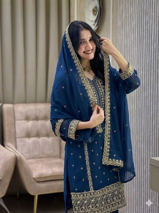 Om Enterprise Embroidered Kurta, Sharara & Dupatta Set