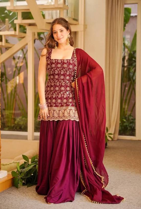 Om Enterprise Embroidered Kurta, Sharara & Dupatta Set