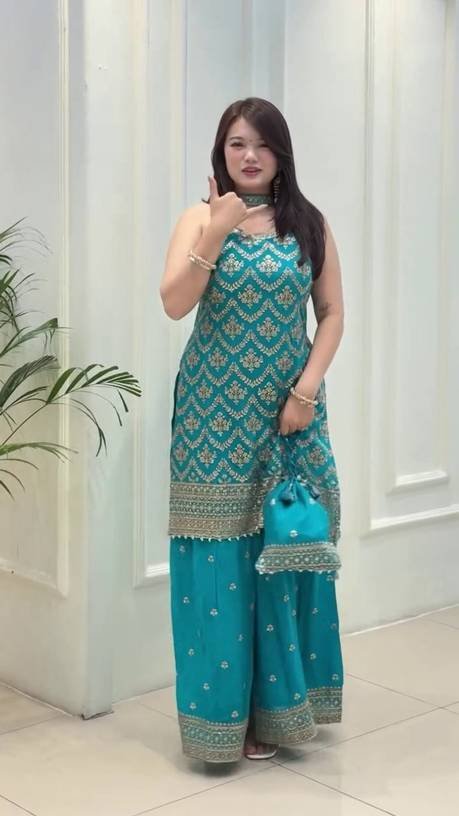 Om Enterprise Embroidered Kurta, Sharara & Dupatta Set
