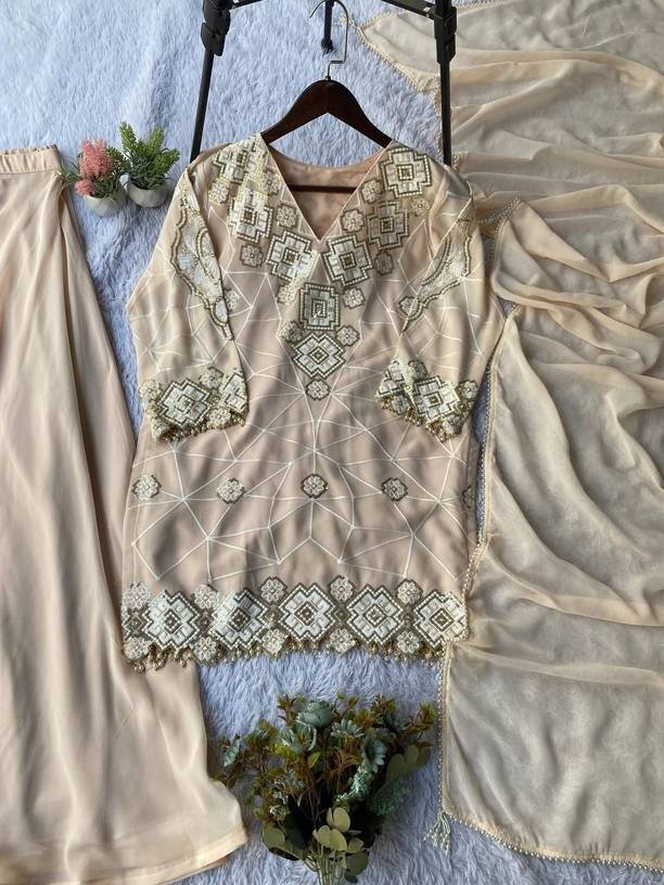 Om Enterprise Embroidered Kurta, Sharara & Dupatta Set