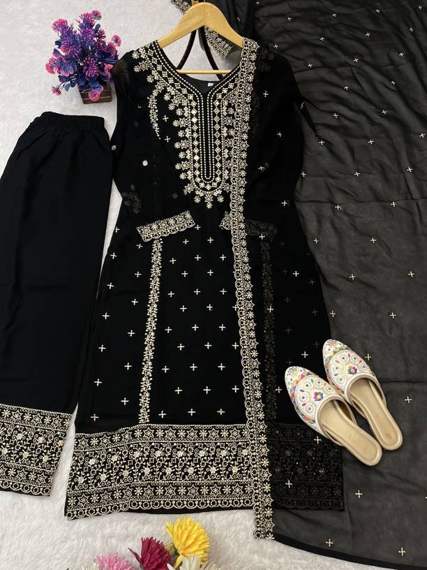 Om Enterprise Embroidered Kurta, Sharara & Dupatta Set