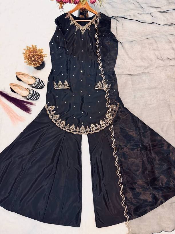 Om Enterprise Embroidered Kurta, Sharara & Dupatta Set