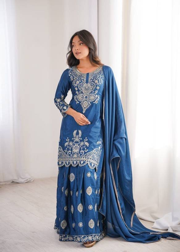 Om Enterprise Embroidered Kurta, Sharara & Dupatta Set