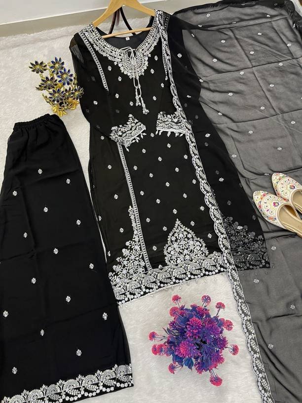 Om Enterprise Embroidered Kurta, Sharara & Dupatta Set