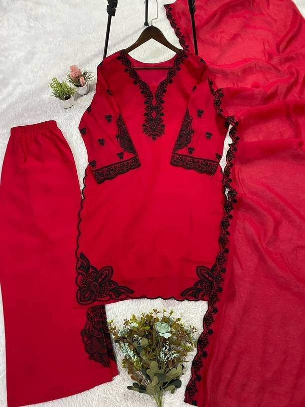 Om Enterprise Embroidered Kurta, Sharara & Dupatta Set