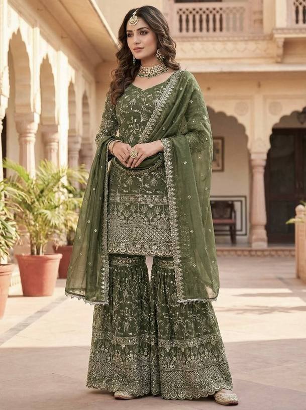 Om Enterprise Embellished Kurta, Sharara & Dupatta Set