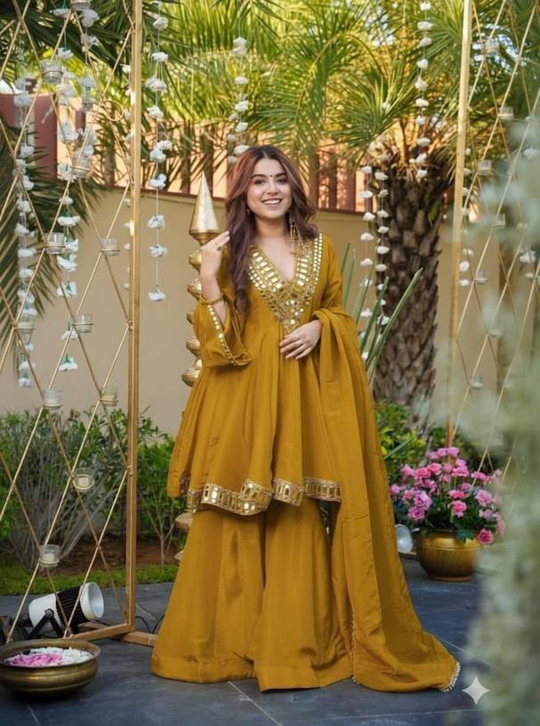 Om Enterprise Embroidered, Embellished Kurta, Sharara & Dupatta Set