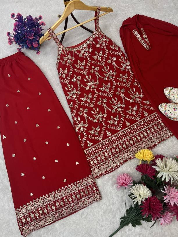 Om Enterprise Embroidered Kurta, Sharara & Dupatta Set