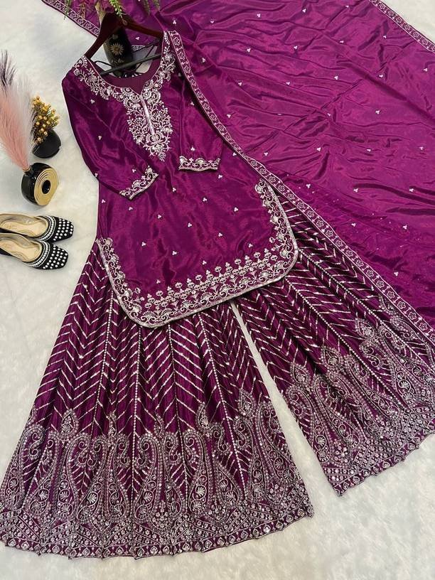 Om Enterprise Embroidered Kurta, Sharara & Dupatta Set