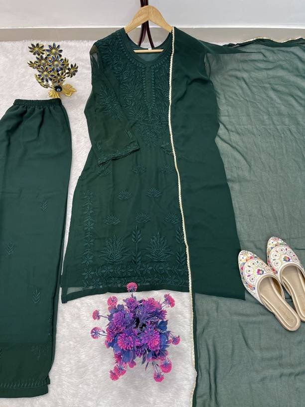 Om Enterprise Embroidered Kurta, Sharara & Dupatta Set
