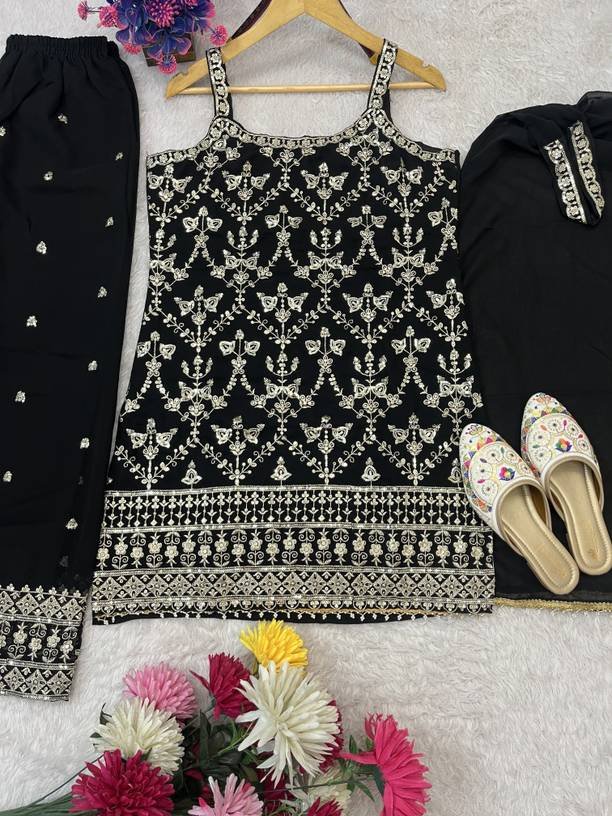Om Enterprise Embroidered Kurta, Sharara & Dupatta Set