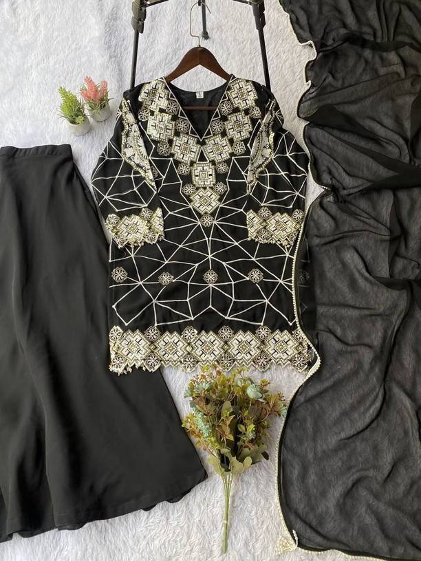 Om Enterprise Embroidered Kurta, Sharara & Dupatta Set