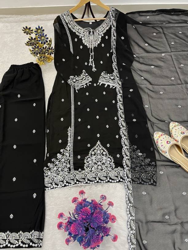 Om Enterprise Embroidered Kurta, Sharara & Dupatta Set
