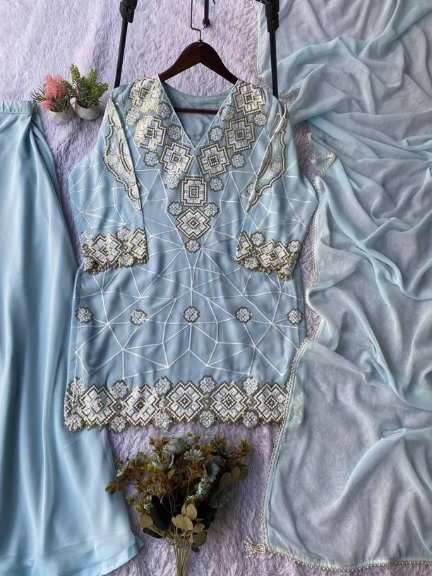 Om Enterprise Embroidered Kurta, Sharara & Dupatta Set