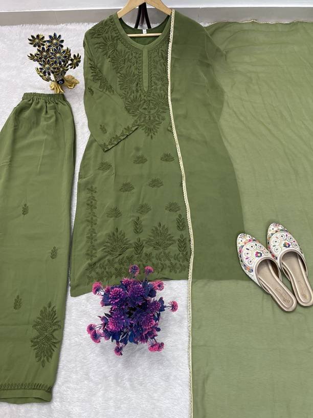 Om Enterprise Embroidered Kurta, Sharara & Dupatta Set