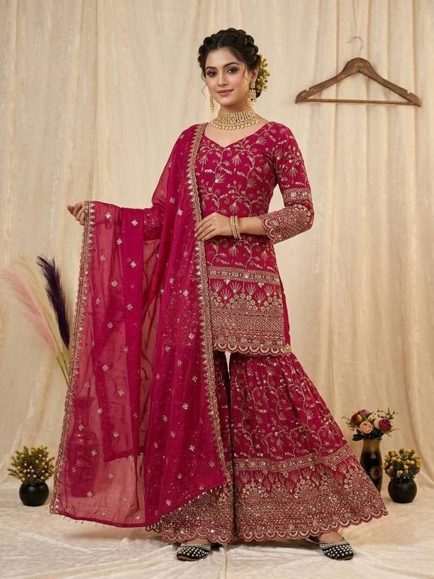 Om Enterprise Embellished Kurta, Sharara & Dupatta Set