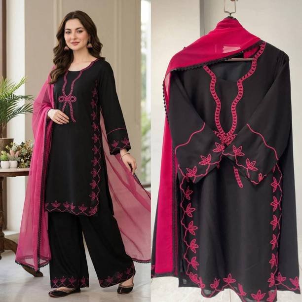 Om Enterprise Embroidered Kurta, Sharara & Dupatta Set