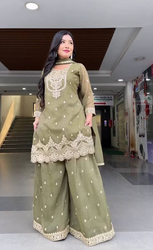 Om Enterprise Embroidered Kurta, Sharara & Dupatta Set