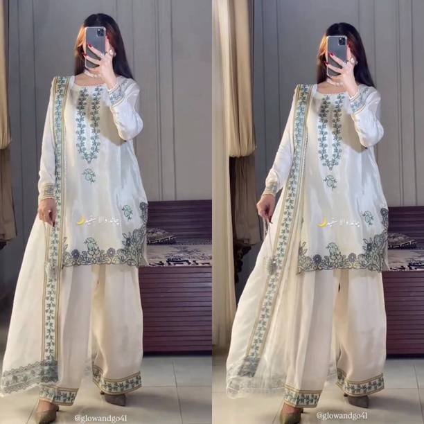 Om Enterprise Embroidered Kurta, Sharara & Dupatta Set