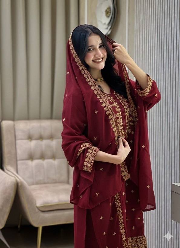 Om Enterprise Embroidered Kurta, Sharara & Dupatta Set